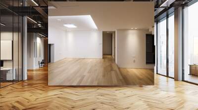 white empty living room with stair, wood floor, window, pendant lighting. Wall mural