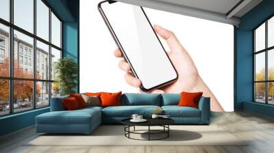 Woman hand hold a smartphone, empty screen side isolated on white. Wall mural