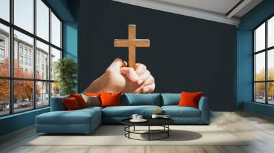 Christian life crisis prayer to god. Woman pray for god blessing to wishing have a better life. Female hands praying to god with crucifix cross. begging for forgiveness and believe in goodness. Wall mural