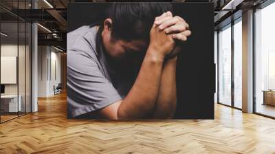 christian woman hand on holy bible are pray and worship for thank god in church with black background, concept for faith, spirituality and religion Wall mural