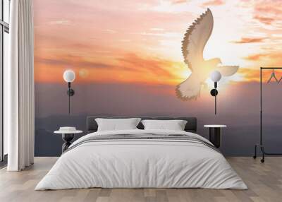 Doves fly in the sky. Christians have faith in Holy Spirit. silhouette worship to god with love Faith, Spirit and jesus christ. Christian praying for peace. Concept of worship in Christianity. Wall mural