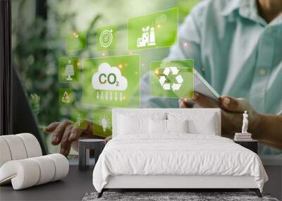 Finance manager implemented digital technology to monitor CO2 emissions, reducing risk and promoting sustainable energy practices for an eco-friendly future. sustainable, energy, co2, technology. Wall mural