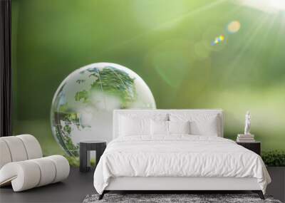 Globe planet glass In green forest with bokeh nature lights. world environment day. concept for environment conservation, protect ecology earth and environmental eco-friendly life with copy space Wall mural