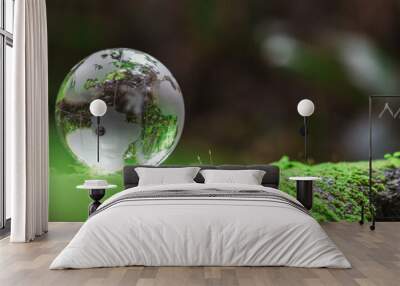 Globe planet glass in green forest with bokeh nature lights. world environment day. concept of environment conservation, protect ecology earth and environmental eco-friendly life banner and copy space Wall mural