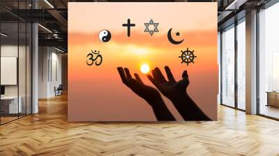 Religious symbols. Christianity cross, Islam crescent, Buddhism dharma wheel, Hinduism aum, Judaism David star, Taoism yin yang, world religion concept. Prophets of all religions bring peace to world. Wall mural