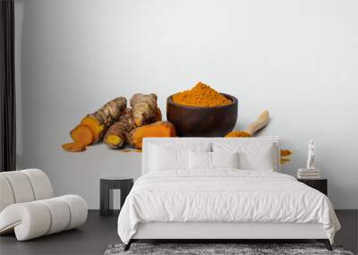 The turmeric powder is a natural herb and is an ingredient for food cooking. The colour of the turmeric powder is yellow when it dry and green when it raw. Asian curry like Indian has yellow powder. Wall mural