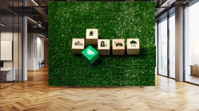 Wooden cube symbolizing renewable energy, sustainable practices sits concept piece for green, eco-friendly future on Earth, promoting environmental, ecological awareness. eco, renewable, sustainable Wall mural