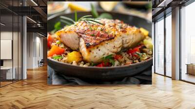 Seasoned cod fillet on a bed of quinoa salad. Wall mural