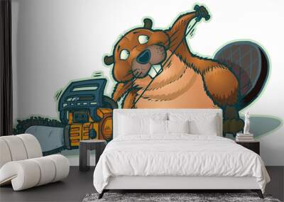 cute beaver strarting chainsaw vector cartoon Wall mural