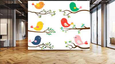 Cute and colorful vector birds in flat style on curvy spring or summer tree branches with green leaves on white background Wall mural