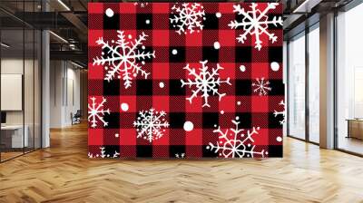 Cute red and black buffalo plaid Lumberjack snowflake seamless pattern, Christmas vector background Wall mural