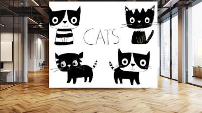 Set of cute black and white vector cats in flat style with hand painted look Wall mural