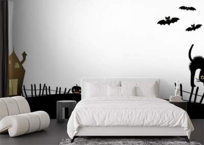 Vector banner for Halloween evnets in black and white minimal style with silhouettes of a haunted house, tree, cat, and bats Wall mural