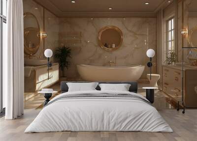 Elegant bathroom with marble finishes and a gold freestanding tub picture Wall mural