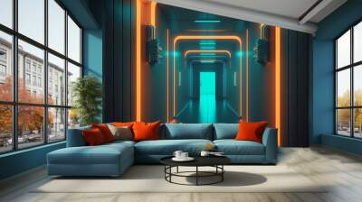 Modern home hallway neon futuristic corridor interior design AI Generated image Wall mural