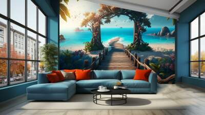 Tropical beautiful resort island beach bridge pictures AI Generated image Wall mural