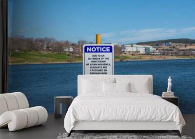 A blue and white metal sign with a notice: Due to an outbreak of the H5N1 strain of avian influenza, residents are cautioned to refrain from feeding the birds. The background is blue water and trees. Wall mural