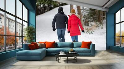 A senior man wearing a black winter jacket with jeans and an older female with a warm red coat, brown hat, jeans and winter boots walk outdoors on a trail covered with fresh snow in the woods.  Wall mural