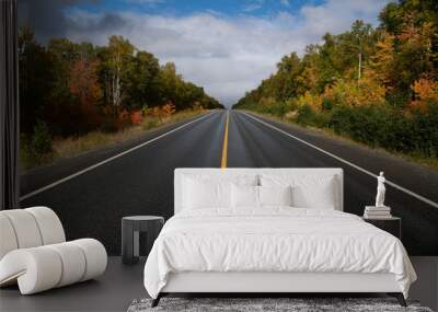 A two lane road of dark wet black asphalt with a single yellow line down the middle. There are colorful trees on both sides. There's a blue sky with white fluffy clouds in the background Wall mural