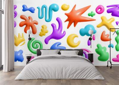 3d render color abstract liguid shape. Kid doodle graphic element. Cute cloud, flower shape, star, wave, rainbow, doodle in trendy moden style. Vector cartoon illustration Wall mural