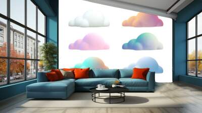 3d render multicolored clouds. Cartoon cloud shapes in different lighting for games, animation, web. Vector illustration Wall mural