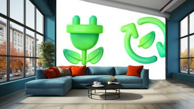 Green energy 3d icon. Green heart, arrows recycle symbol, lightning bolt , electric charge plug. Renewable sources concept, reuse, refresh, sustainable energy, saving green planet. Vector illustration Wall mural