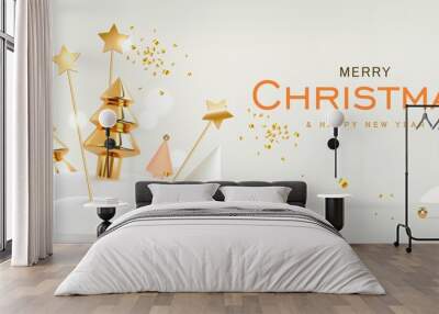 Merry Christmas and happy New Year white background. Xmas decoration, gold and white christmas tree in snowdrifts. Modern 3d realistic style.Vector illustration Wall mural