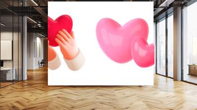 Set 3d heart icons. Hands hold or give red heart emoji, social media like, green and pink balloon friendly hearts. Concept love, health, charity,help, insurance. 3d design element. Vector illustration Wall mural