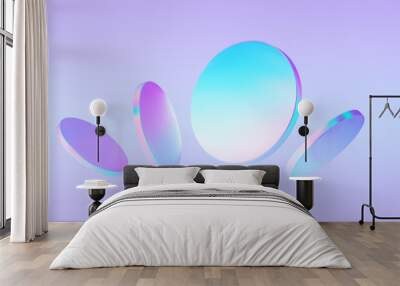 Set 3d hologram disk on holographic background. Flying fluid pink, blue, pastel podium.Abctract scene holo glass cylinder shape. Vector illustration Wall mural