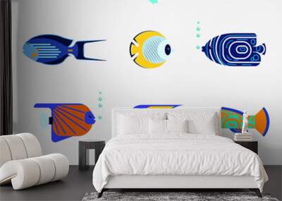 Tropical fish collection on white background. Vector flat illustration sea color fish icon. Design various aquarium fish isolated Wall mural