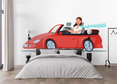 Vector flat illustration of a happy young woman driver sitting rides in his red car. Design concep travel Wall mural