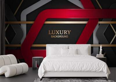 Abstract 3d red shapes with golden lines and geometric polygonal shapes on a dark background. Luxury background style vector design Wall mural