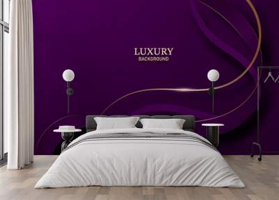 Elegant ribbon with golden line and curved shape elements on purple luxury background with light effect decoration Wall mural