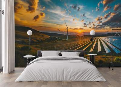 Wind turbines with solar panels. Green energy concept. Solar cell plant and wind generators in  field under blue sky on sunset. Powerplant with photovoltaic panels and eolic turbine. Clean energy Wall mural