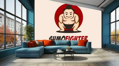 Fat Sumo Fighter mascot cartoon logo icon vector illustration on light background Wall mural