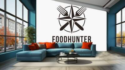 Minimalist Creative compass and fork logo, food travel, food hunter logo design on black background Wall mural