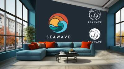 Set modern abstract flat colorful sea wave logo icon vector template on dark background Wall mural