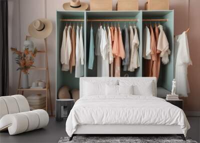 A chic modern wardrobe filled with fashionable spring clothing and accessories. Wall mural