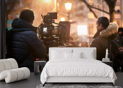 A director instructs actors while crew members set up lights and cameras on set. Wall mural