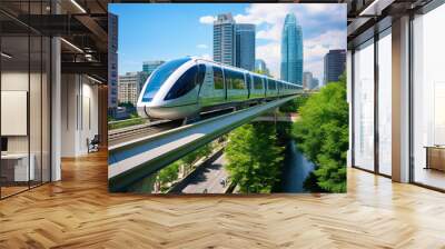 A futuristic monorail gracefully traverses above bustling city streets in a 52-style vintage setting. Wall mural