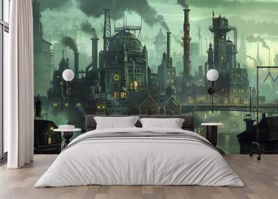 A futuristic steampunk cityscape with intricate industrial structures and smoky, metallic hues surrounding the skyline. Wall mural