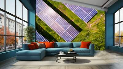 An expansive solar panel array in a rural setting under clear blue skies above. Wall mural