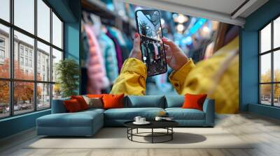 An individual streaming live on a shopping event, engaging with online audience and showcasing products. Wall mural