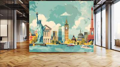 Colorful vintage travel poster showcasing famous landmarks like the Eiffel Tower and Big Ben. Wall mural