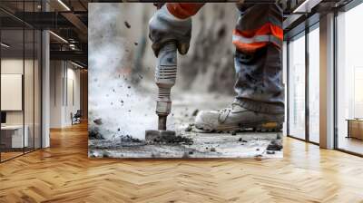 Construction worker using a powerful jackhammer to dismantle a concrete slab at a construction site. Wall mural