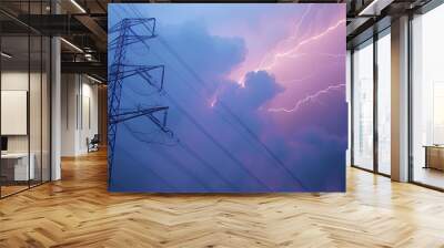 Dramatic lightning strike hits power line, creating a dangerous and electrifying spectacle in the sky. Wall mural