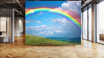 Vibrant rainbow arches across the sky, symbolizing God's promise in a raw, artistic style. Wall mural