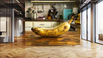 Yellow banana resting on rustic wooden counter, ready to be enjoyed as a nutritious snack. Wall mural