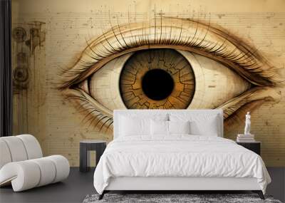 A drawing of an eye with lashes, iris, sclera and pupil on an old yellowish paper of an anatomical medical study by an oculist. A representation of vision, curiosity and wisdom on a magic scroll. Wall mural