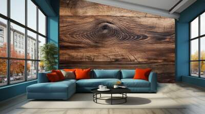 An old wooden board with knots and cracks, showing the natural texture and grain of the wood. Rustic and vintage background Wall mural